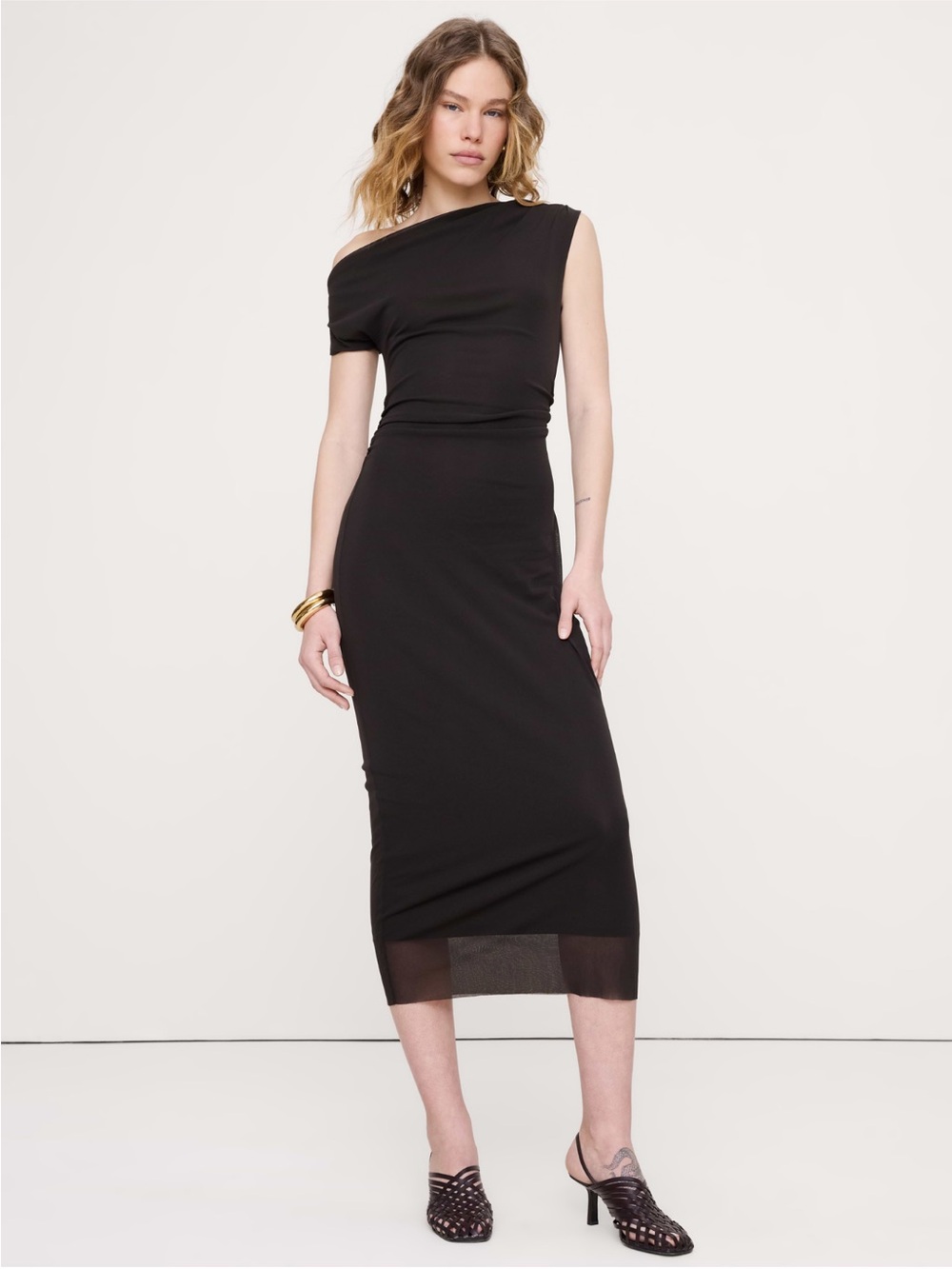 Banana Republic Brown One-Shoulder Midi Dress with Mesh Hem